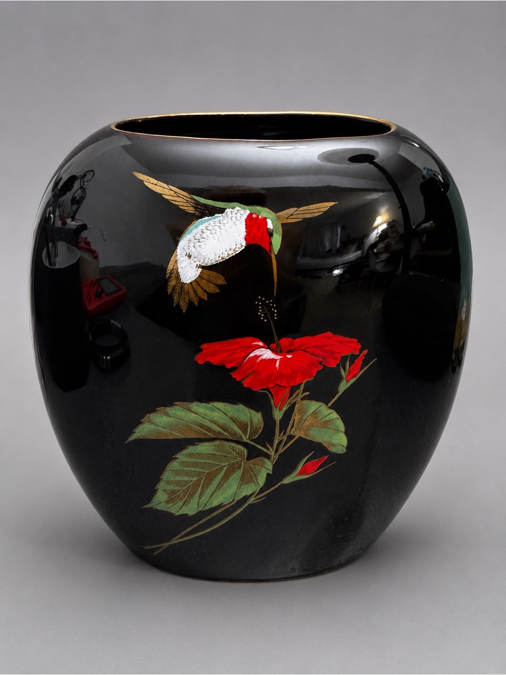 Black Ceramic Vase with Hummingbird & Red Flower Motif